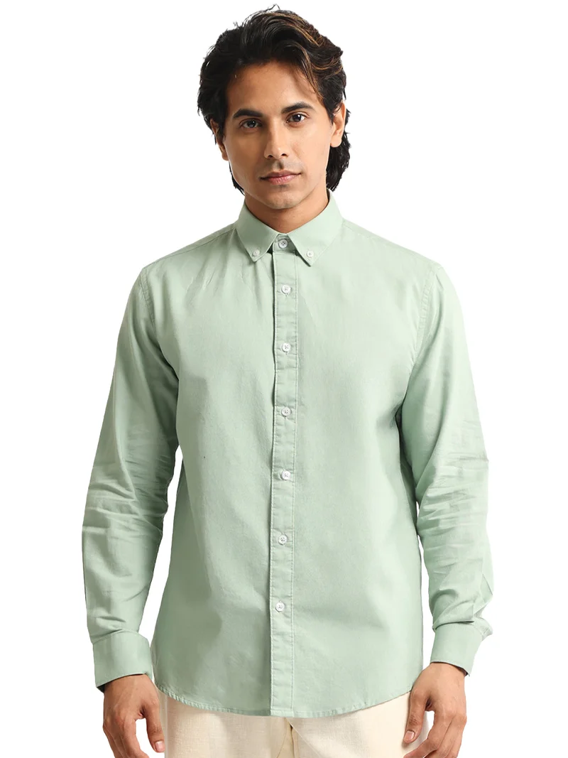 مانياك Maniac Mens Solid Collared Neck Full Sleeve Oxford Linen Blend Fabric Light Green Shirt